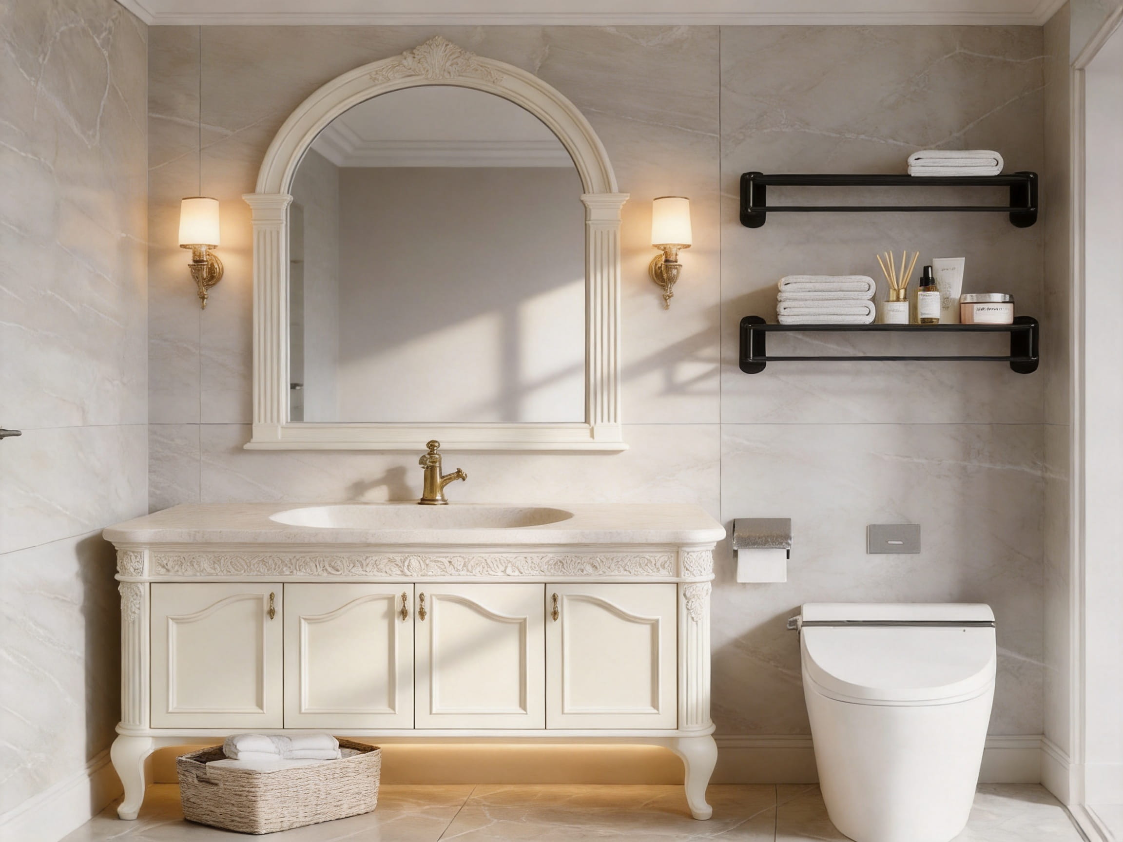 French Decorative Molding and Curved Door Bathroom Vanities for Elegant Moisture-Resistant Interiors
