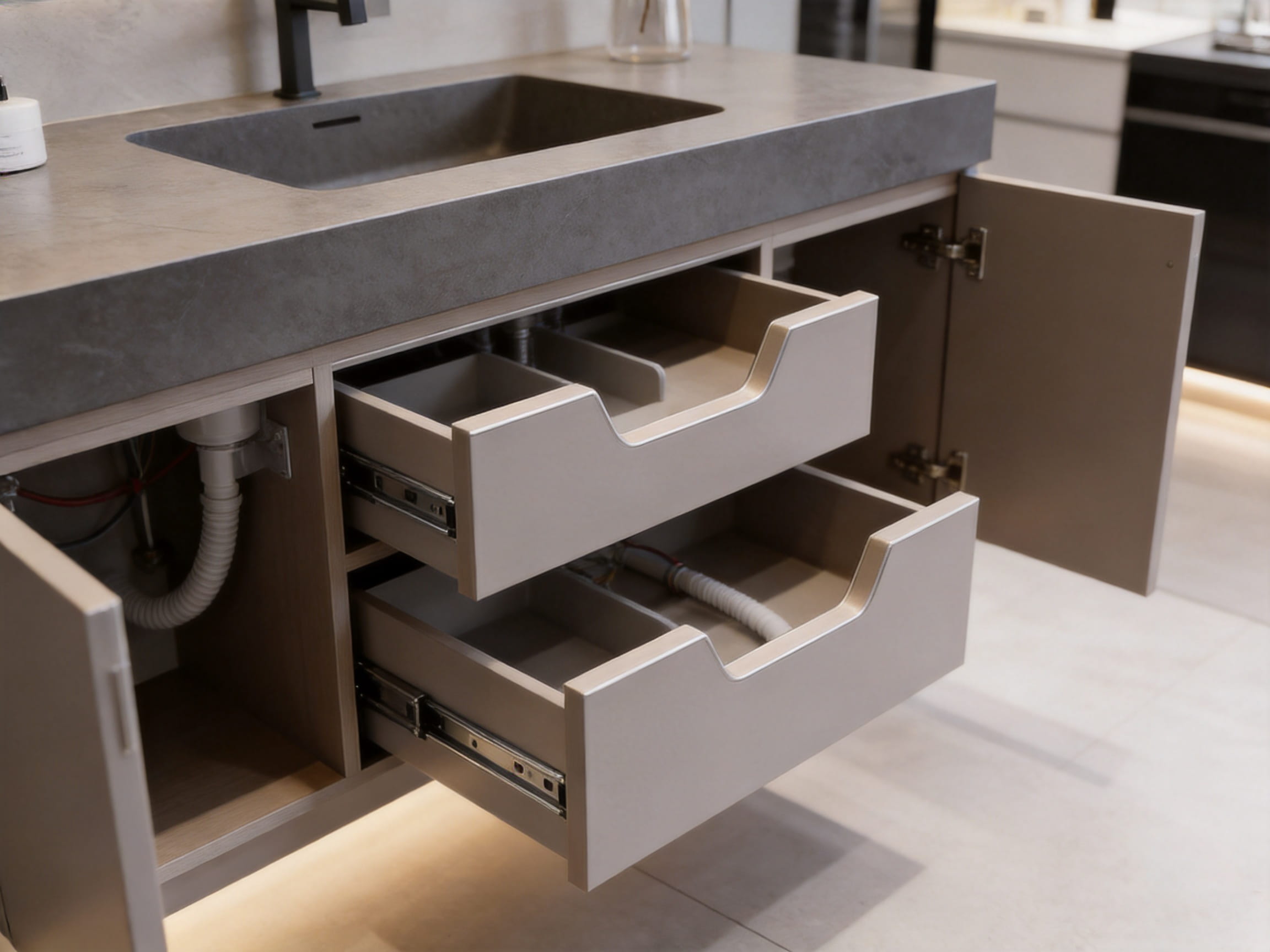 French Decorative Molding and Curved Door Bathroom Vanities for Elegant Moisture-Resistant Interiors