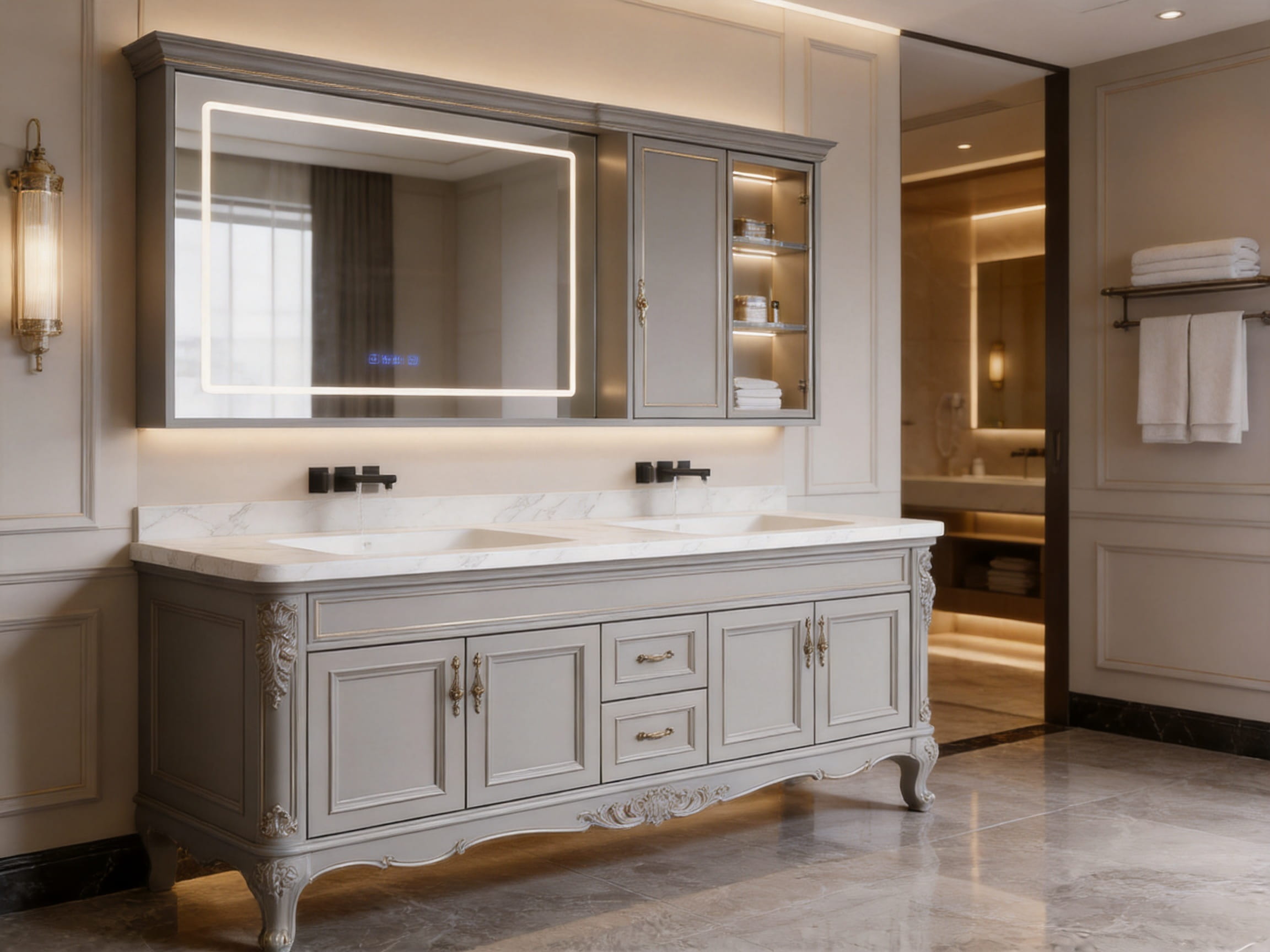 French Decorative Molding and Curved Door Bathroom Vanities for Elegant Moisture-Resistant Interiors