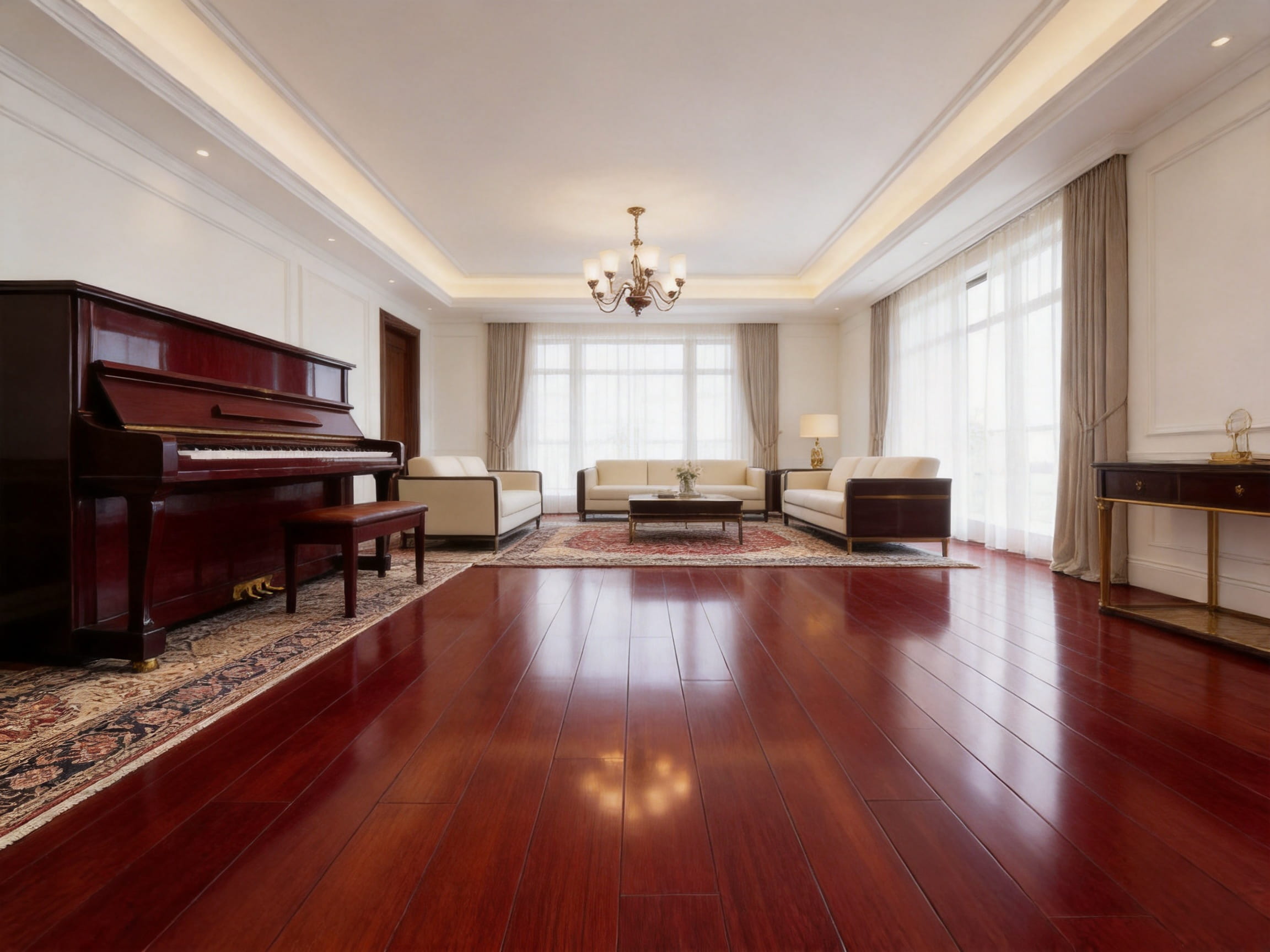 Classic Burgundy Red Taun Flooring: High-Gloss Solid Wood Performance for Refined Interiors