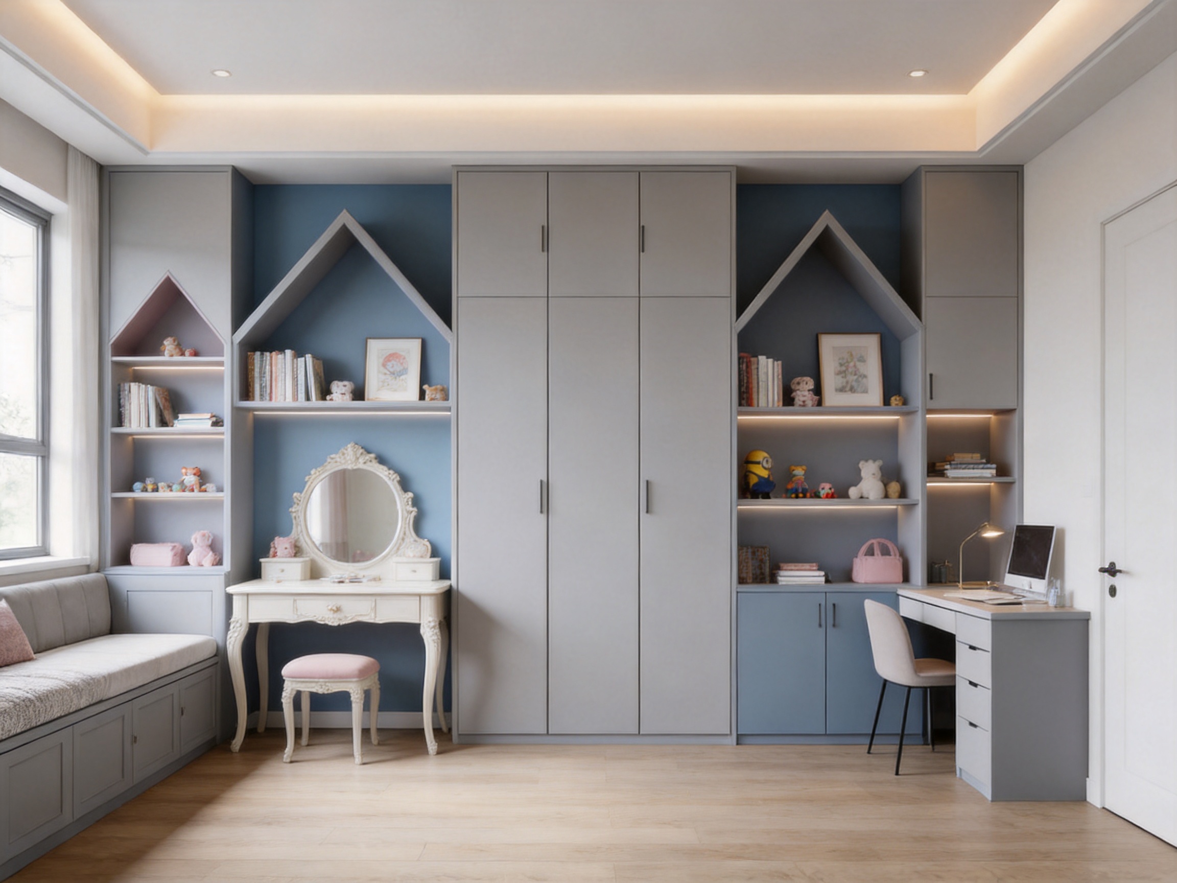Morning Star Premium Grey and Fog Blue Pointed-Roof Array Minimalist Bespoke Girls’ Room