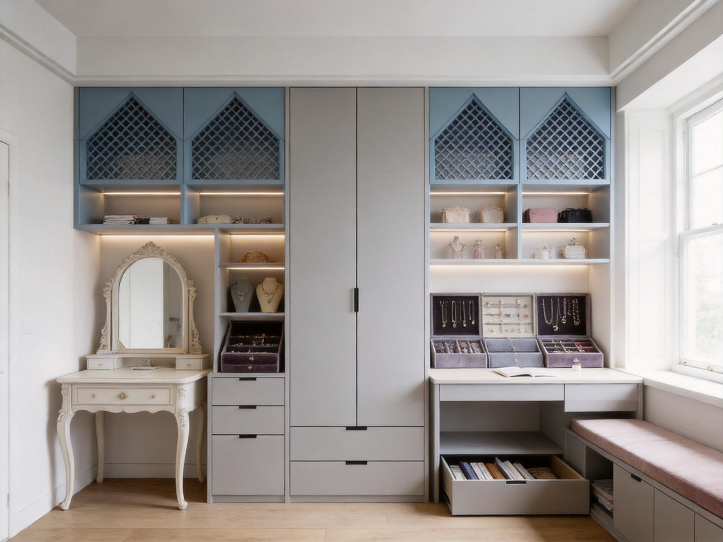 Morning Star Premium Grey and Fog Blue Pointed-Roof Array Minimalist Bespoke Girls’ Room
