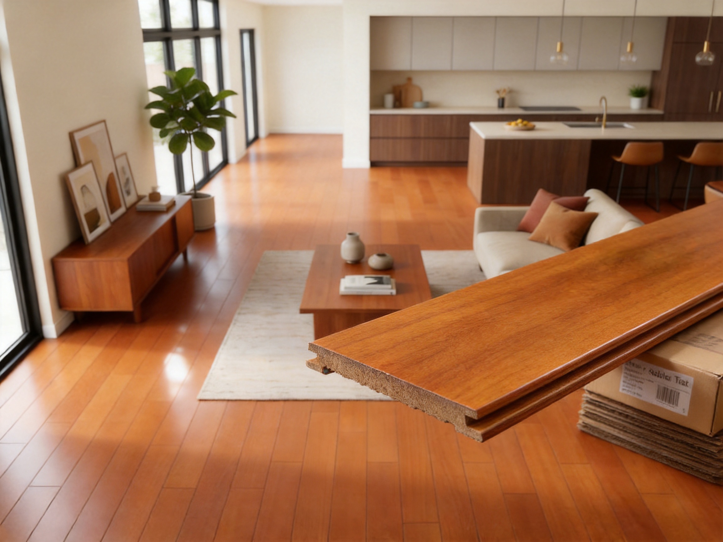 Golden Teak Light Brown High-Gloss Solid Wood Flooring for Residential and Commercial Interiors