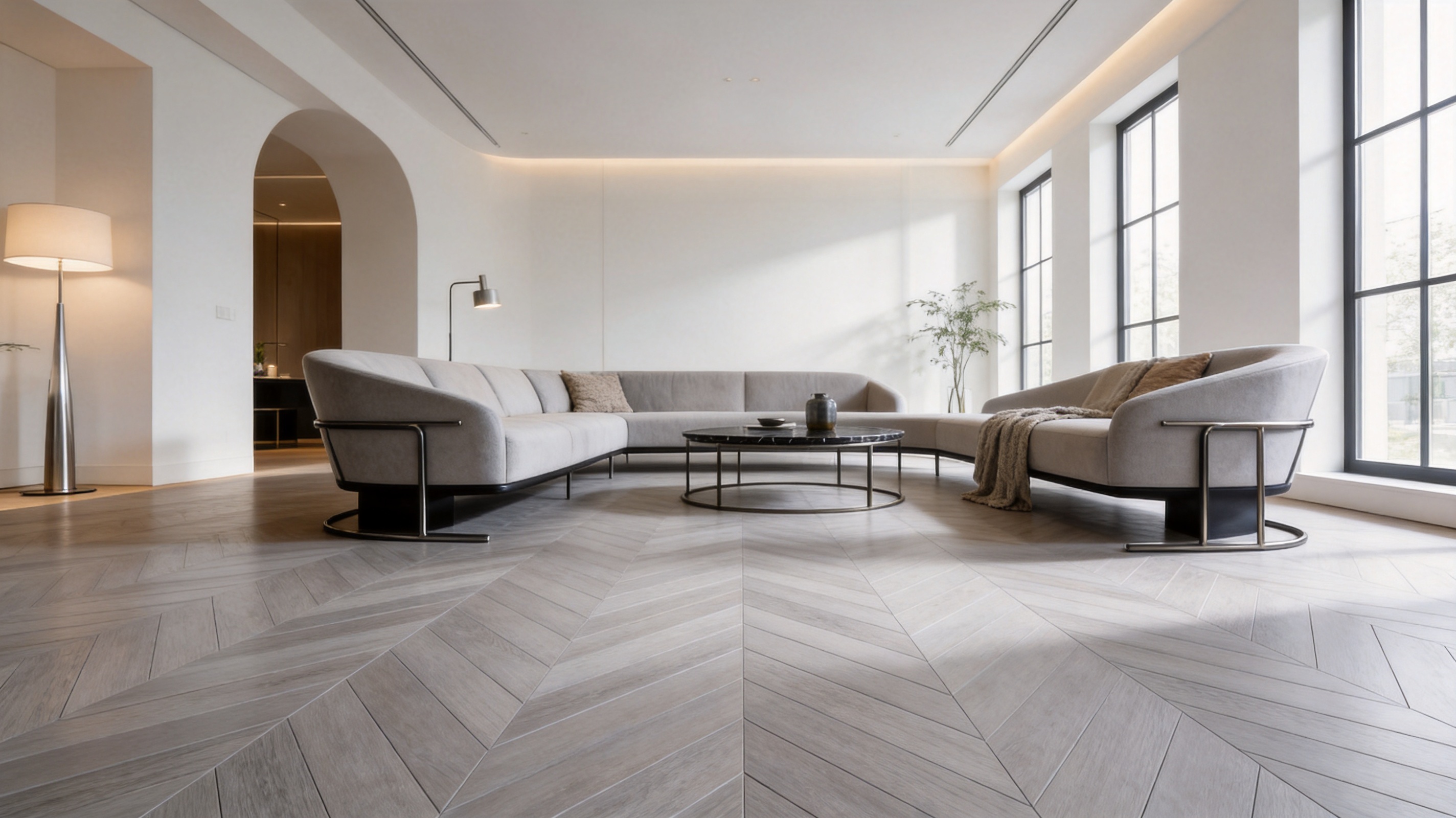 White Oak Herringbone Light Grey Futuristic Matte Parquet Flooring for Contemporary Interiors