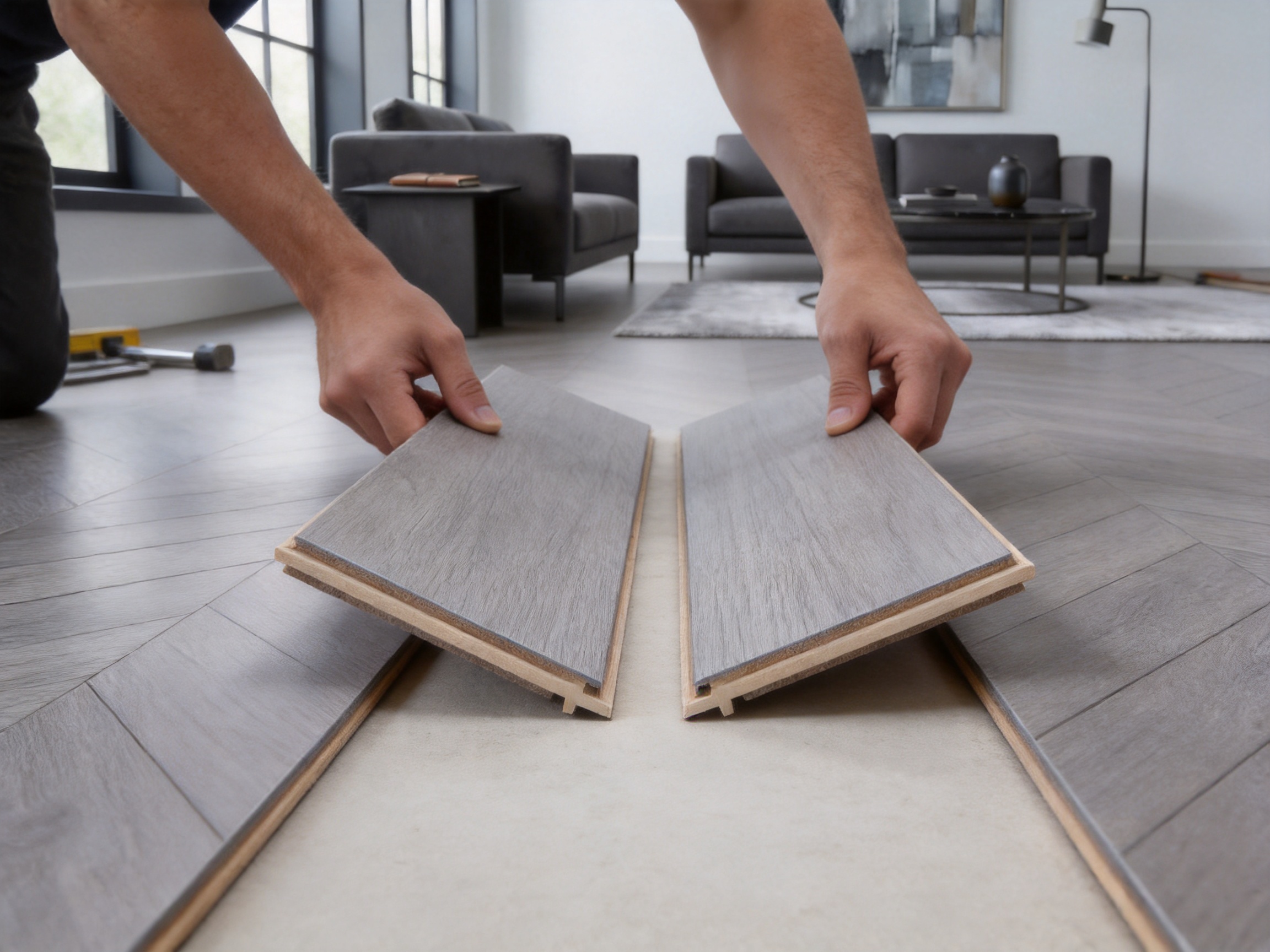 White Oak Herringbone Light Grey Futuristic Matte Parquet Flooring for Contemporary Interiors